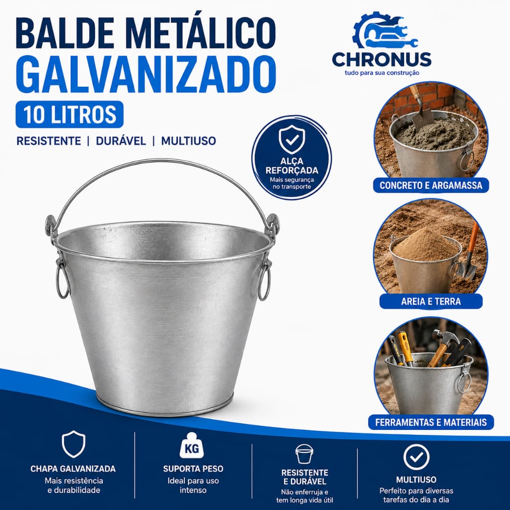 Balde Metal Galvanizado 10Lt Multiuso Concreto Caliça Obra Construção 1 Unidade ou Kit com 3
