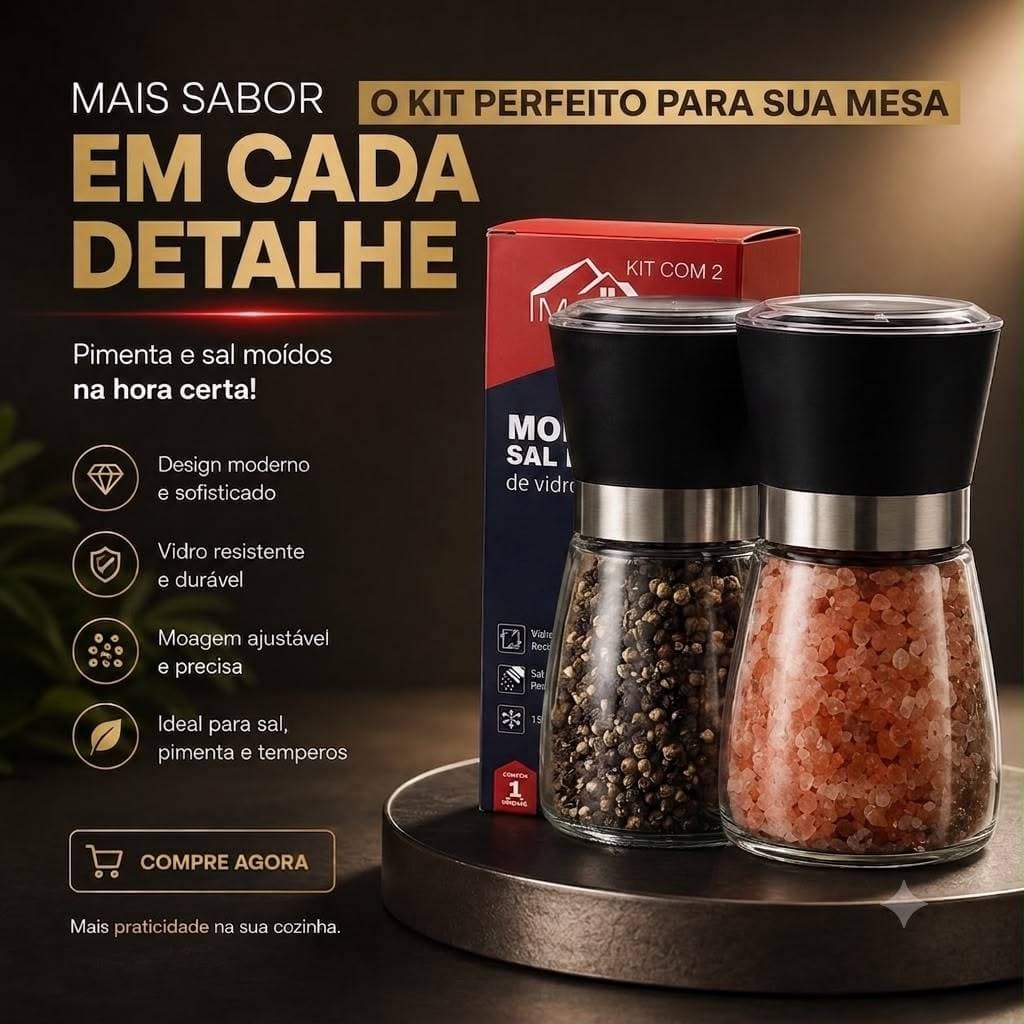 Moedor de Tempero com Regulador Kit 2 Sal e Pimenta Porta Condimentos Especiarias de Vidro Premium
