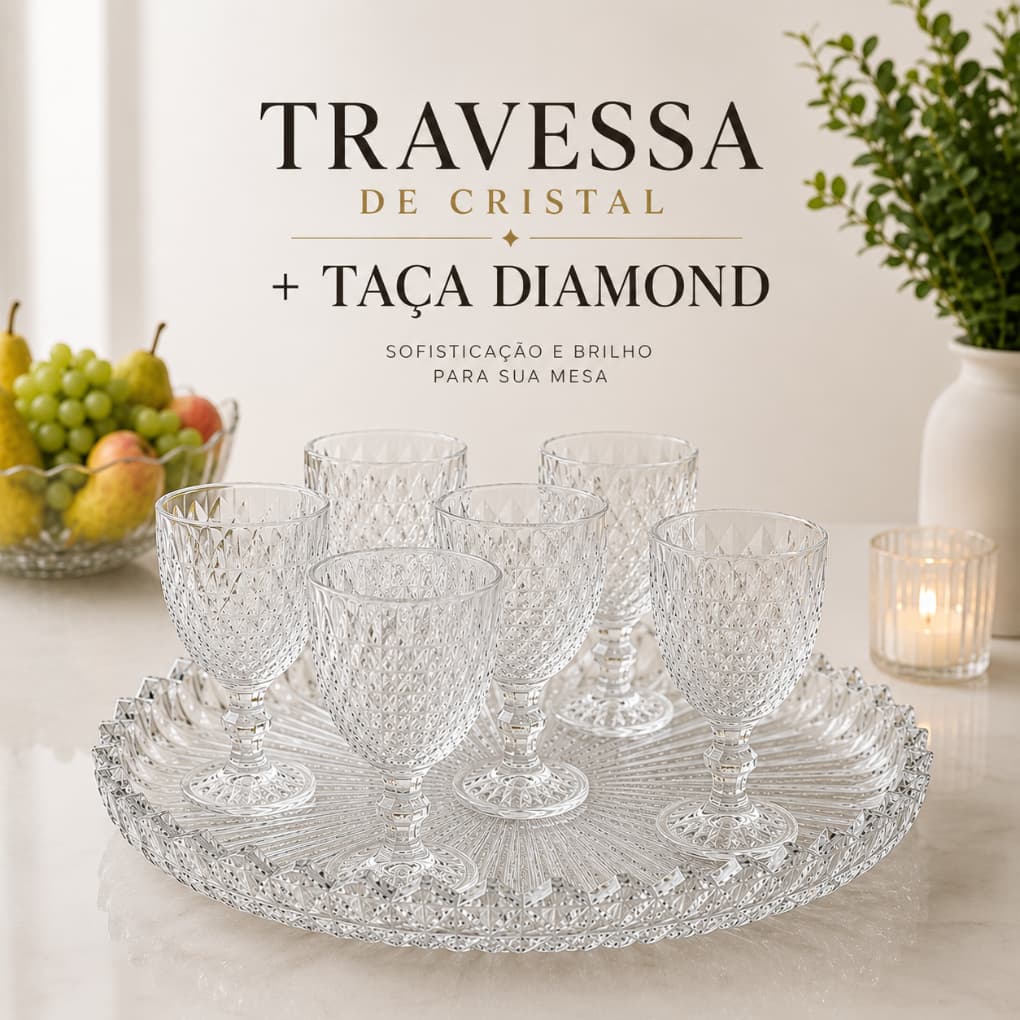 Kit Travessa de Cristal Decorativa + 6 Taças Diamond Centro de Mesa Luxo Elegante