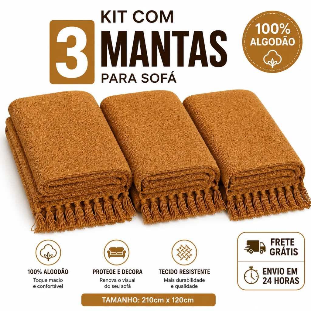 Kit 3 Mantas Para Sofá 100% Algodão 210x120 Xale Decorativo Protetor Capa De Sofá Grande