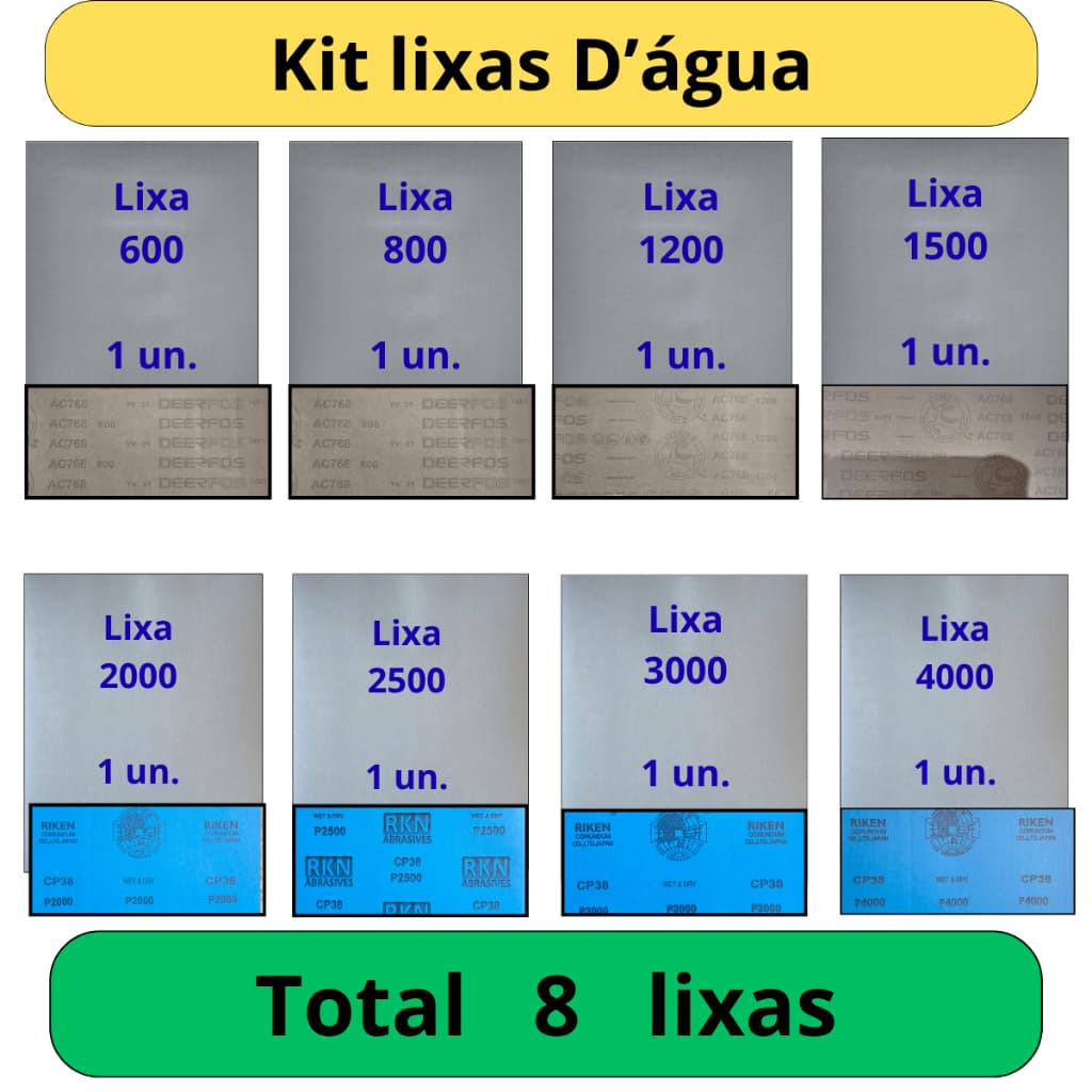 Lixa 600 800 1200 1500 2000 2500 3000 4000 Kit 1 Folha de cada Grão Funilaria Farol Pintura Plástico