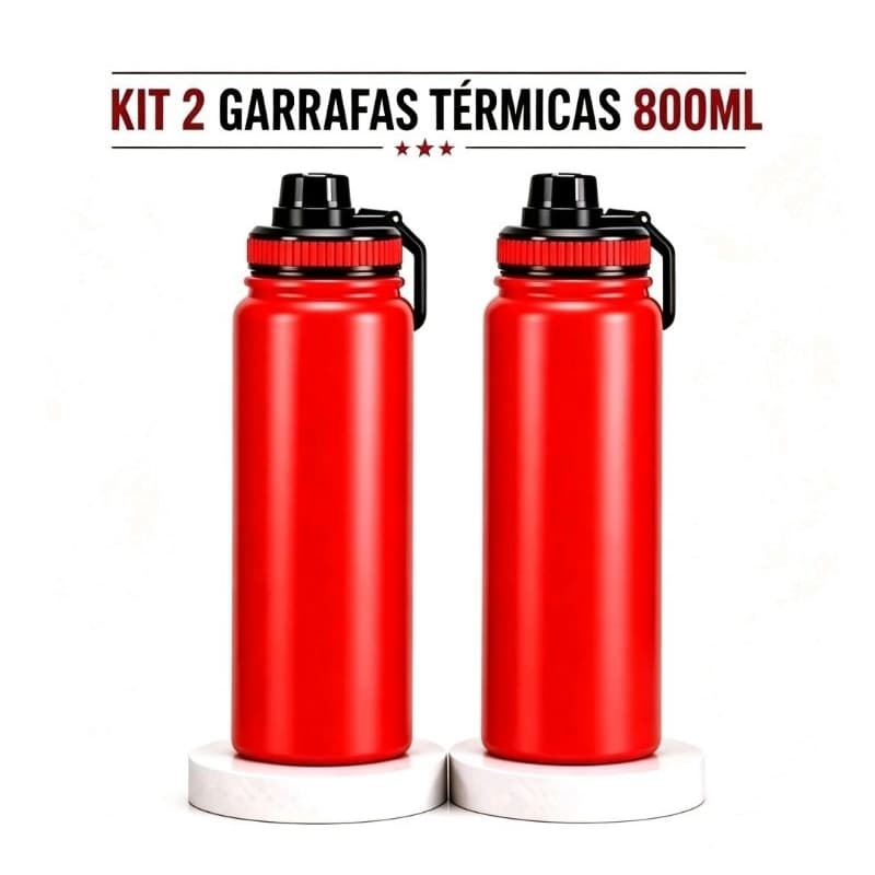 Kit 2 Garrafas Térmicas Inox Premium 800ml Vermelha – 12h Quente e 24h Gelado