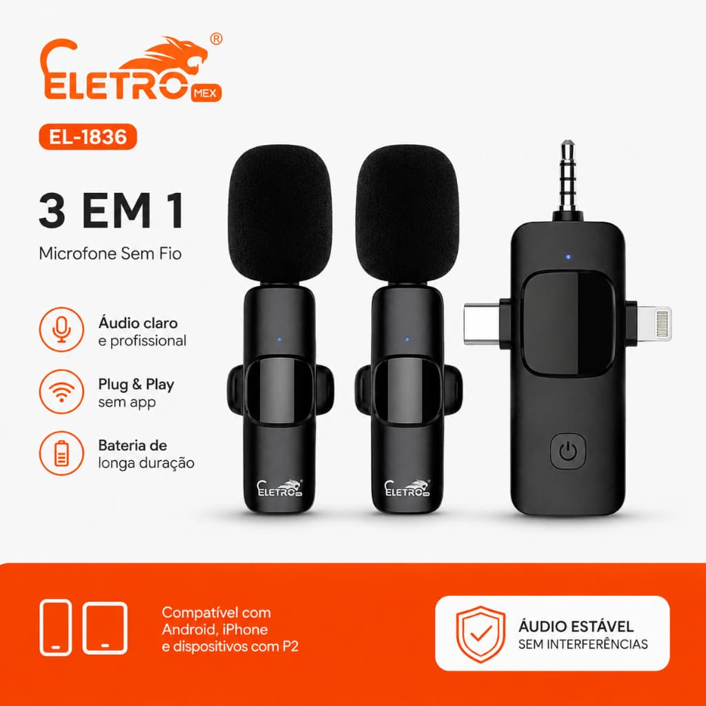 Microfone de Lapela Sem Fio K15 3 em 1 EL-1836 Duplo Wireless P2 3,5mm com 2 Microfones Eletro Mex