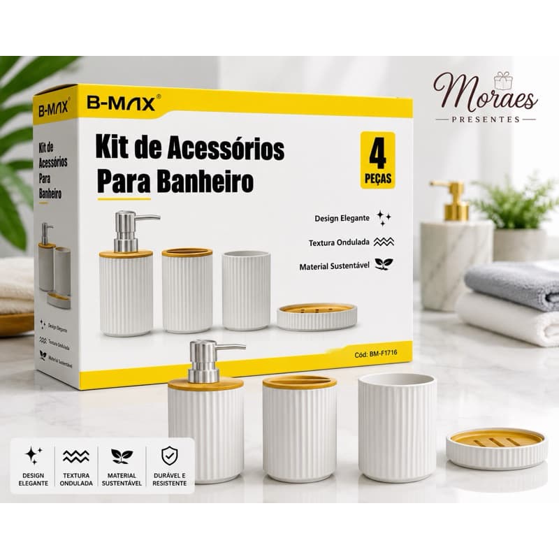 Kit Banheiro B-MAX 4 Peças com dispenser, copo, porta-escovas e saboneteira. Elegância e praticidade.