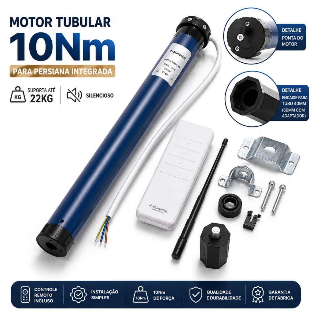 Motor Tubular 10Nm para Persiana Integrada Alumínio 220V Controle Remoto Suporta 22kg