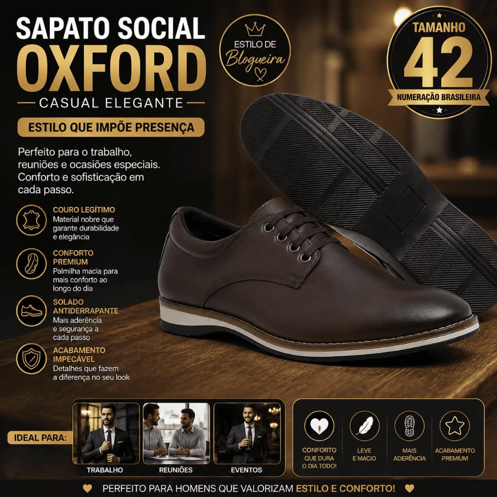 Sapato Social Masculino Oxford Casual Elegante De Couro - TAMANHO: 42