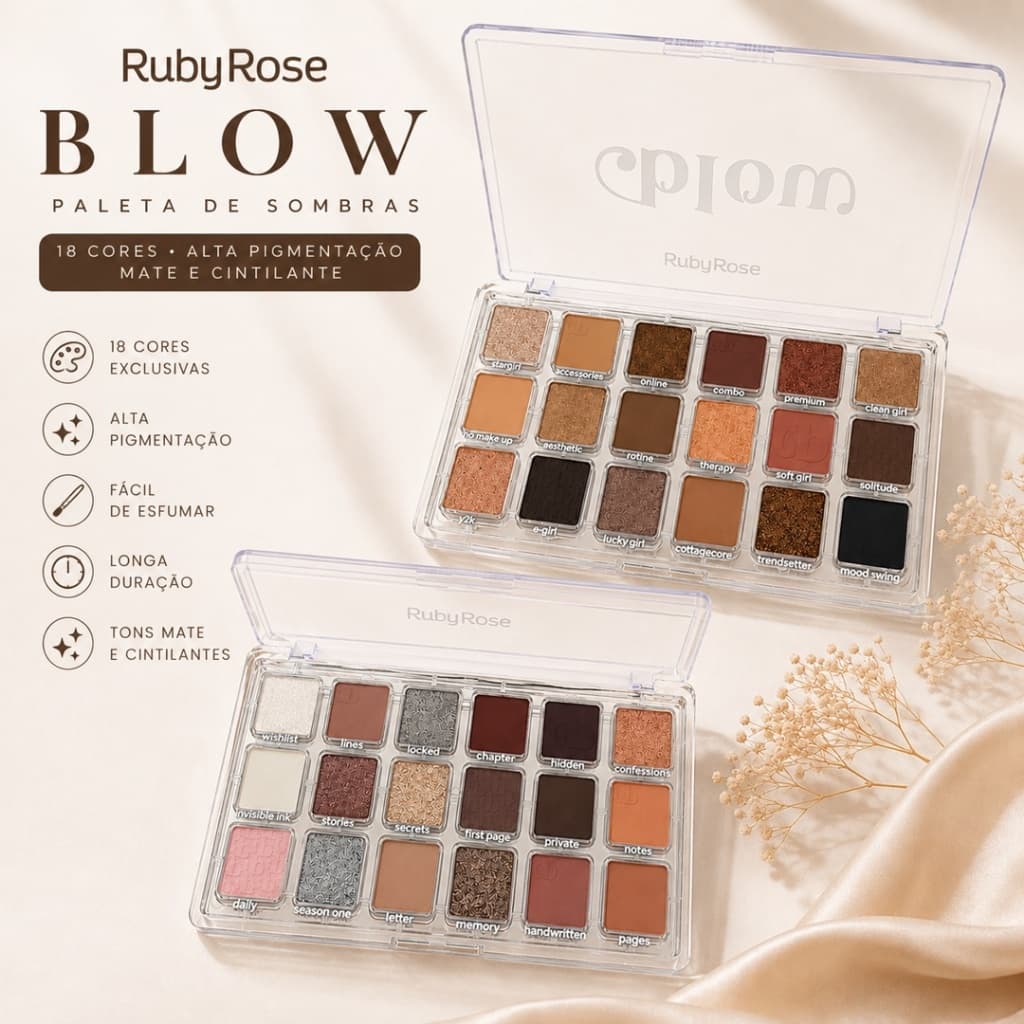 Paleta de Sombras Ruby Rose Blow 18 Cores Matte e Glitter
