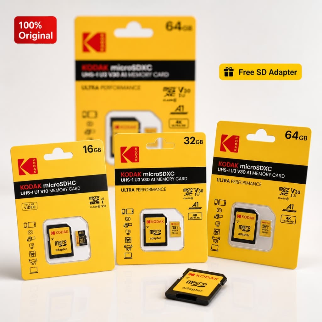 Cartão de Memória KODAK microSD + Adaptador SD 16GB/32GB/64GB TF UHS‑I A1 (U1/U3 V10/V30) 4K