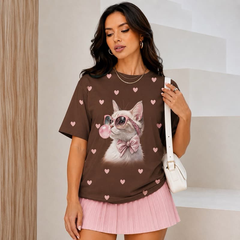 Camiseta Feminina Gato Fofo com Óculos e Chiclete Estampa Cute Premium 100% Algodão Casual Fashion