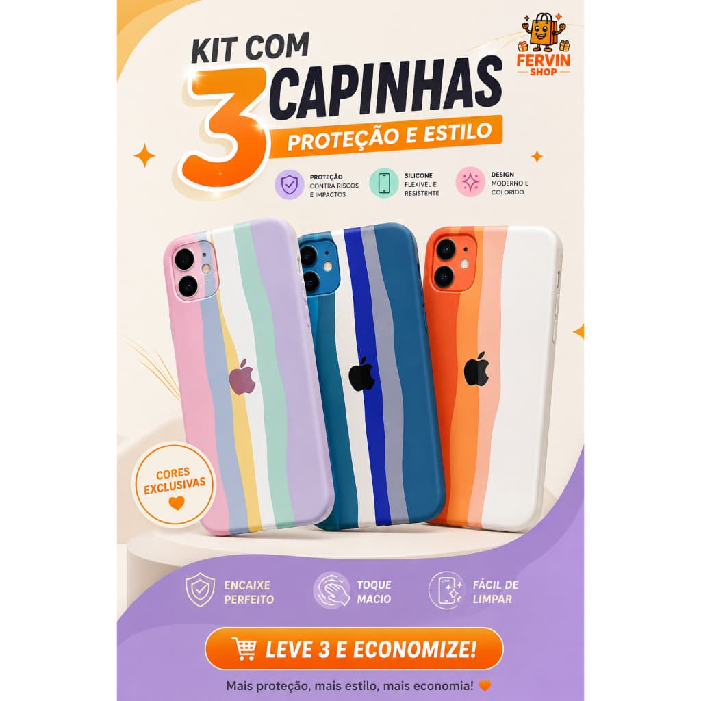 Kit com 3 Case Capa Capinha IPHONE 11, 12, 12 Pro, 12 Pro Max, 13 Pro Max Rainbow Colored Case Cover