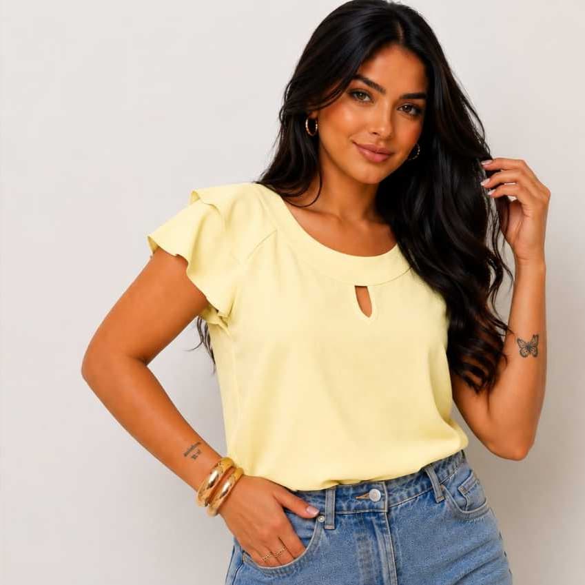 Blusa Feminina Elegante Estilosa Gola Redonda com Detalhe Frontal Leve Tecido Viscolinho Premium