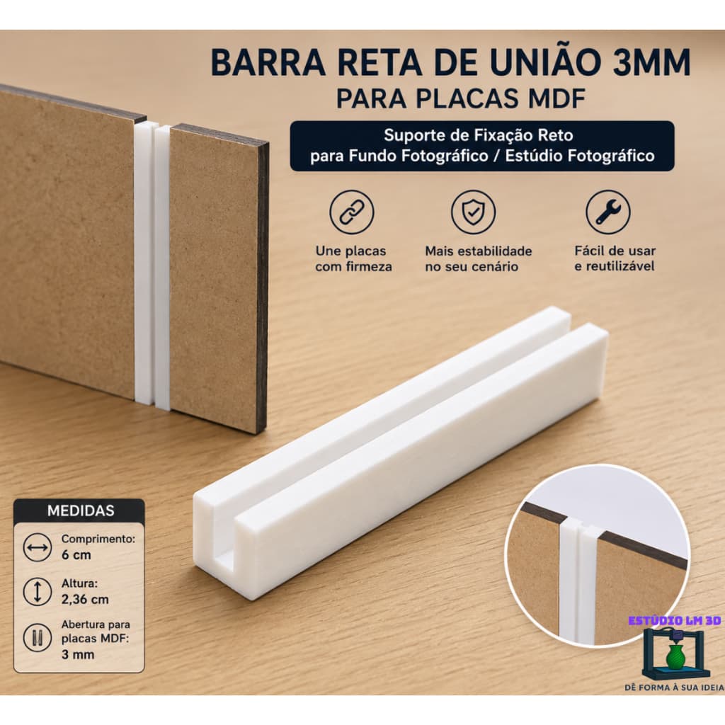 1(Uma) UNIDADE Barra Reta de União 3mm para Placas MDF | Suporte de Fixação Reto para Fundo/Estúdio Fotográfico