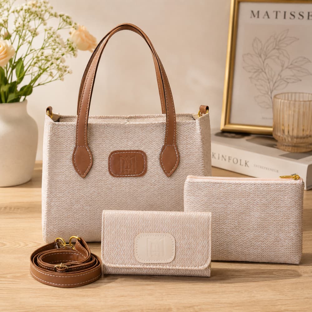 Bolsa Feminina Kit 3 Peças Tote Alça De Ombro E transversal Com Necessaire E Carteira