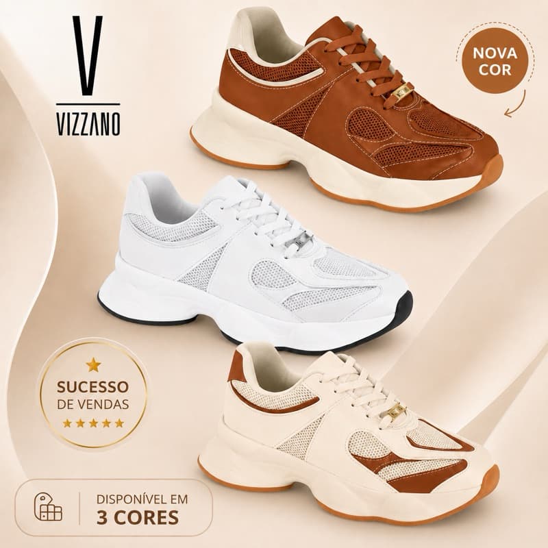 Tênis Vizzano Feminino Chunky Branco Original Leve Confortável Moda 2026 Plataforma Dia a Dia