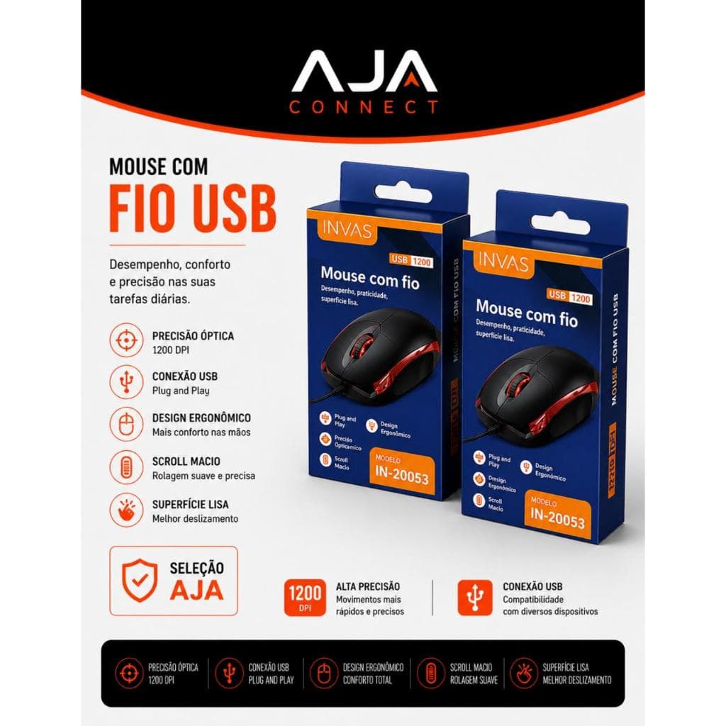 Mouse com Fio USB INVAS IN-20053 1,2m Óptico Plug and Play Ergonômico para PC e Notebook