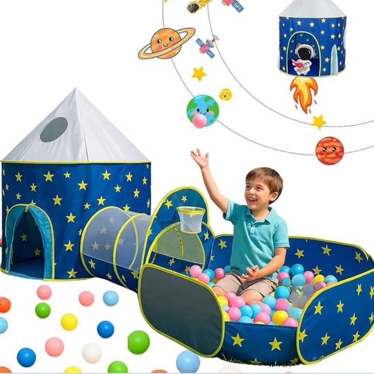 Barraca Azul Astronauta Infantil 3 em 1 Toca Túnel  e Piscina de Bolinhas com Cesto de Basquete