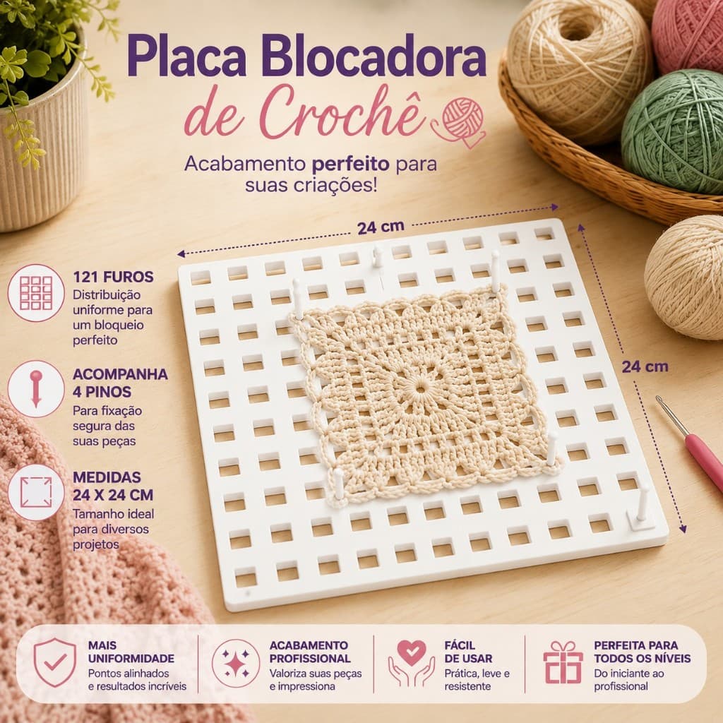 Placa Blocadora de Crochê 24x24cm com 121 Furos + 4 Pinos | Base para Bloqueio de Granny Square e Peças de Crochê