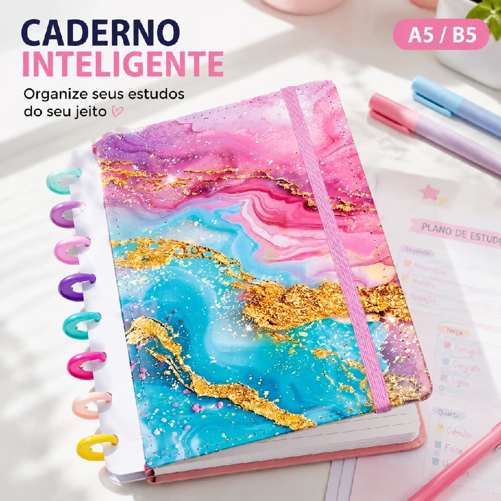 Caderno Inteligente Premium | Folhas Removíveis | Design Mármore com Glitter | Ideal para Escola, Faculdade e Trabalho