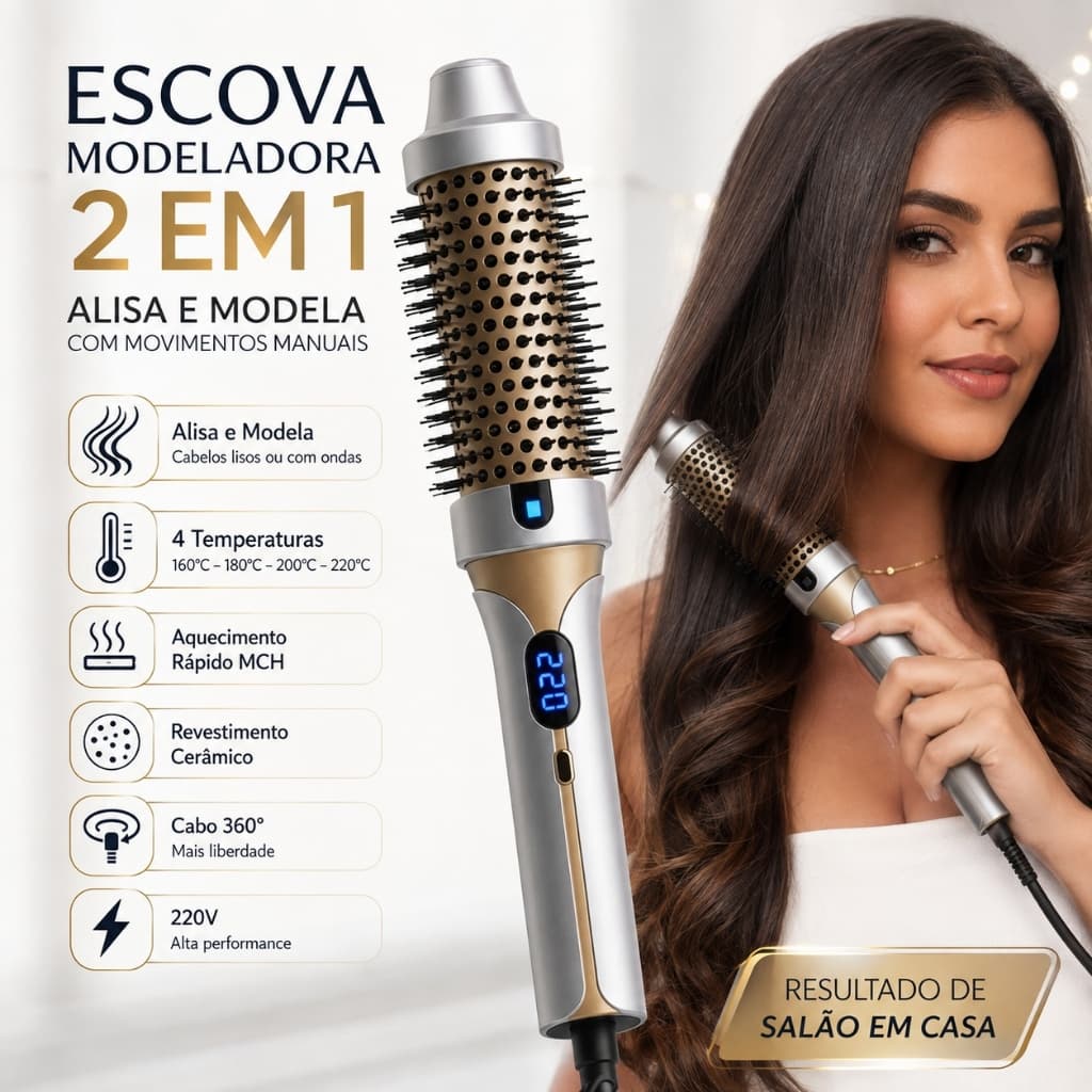 Escova Alisadora e Modeladora 2 em 1 para Cabelos Cerâmica 4 Temperaturas Display Digital Aquecimento Rápido 220V