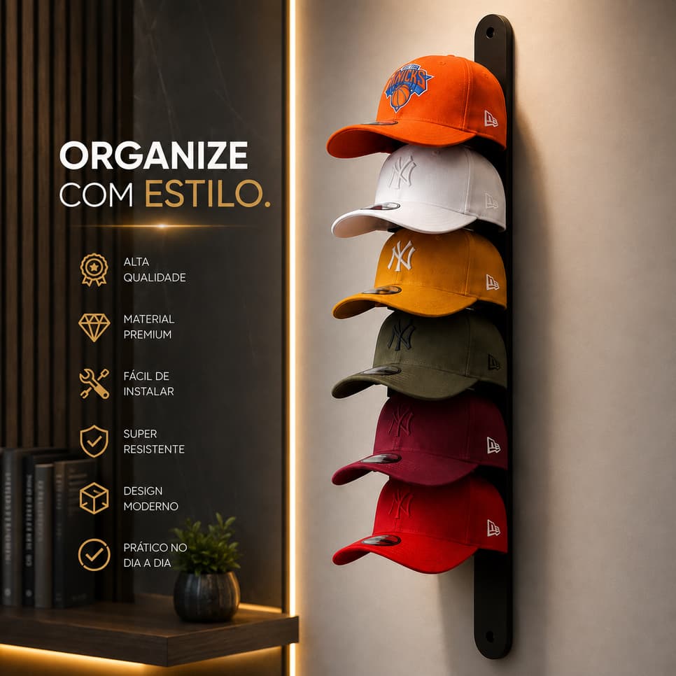 Suporte de Parede para 6 Bonés | Organizador Premium Fácil Instalação