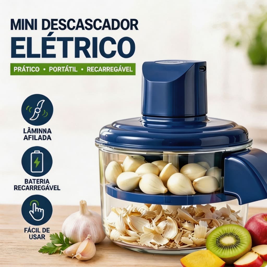 Descascador Elétrico Automático de Alho e Uva Aço Inox Multifuncional Portátil para Frutas e Legumes