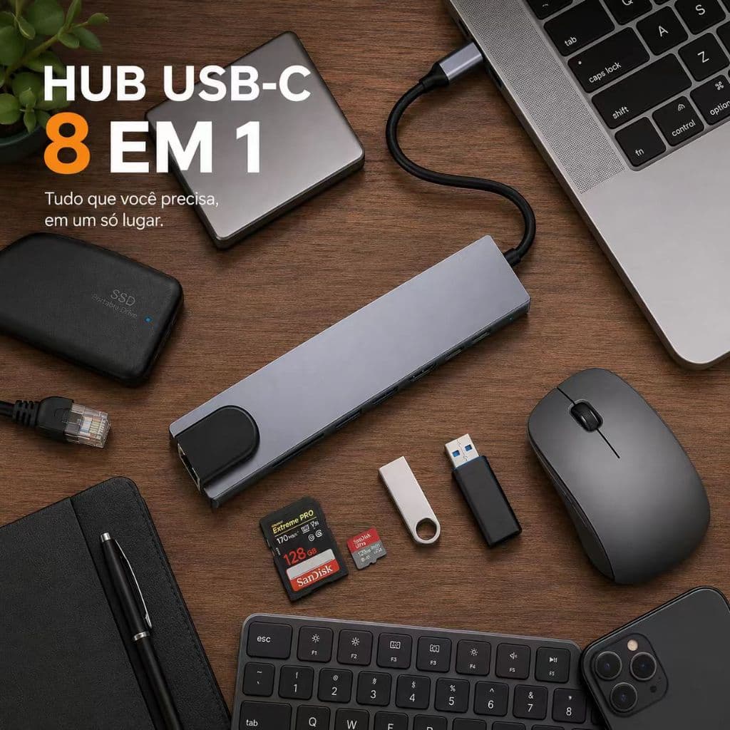 Hub USB Tipo C 8 Em 1 Adaptador Multiporta Portátil HDMI 4K RJ45 Leitor SD TF Para Estudante Notebook Laptop Computador
