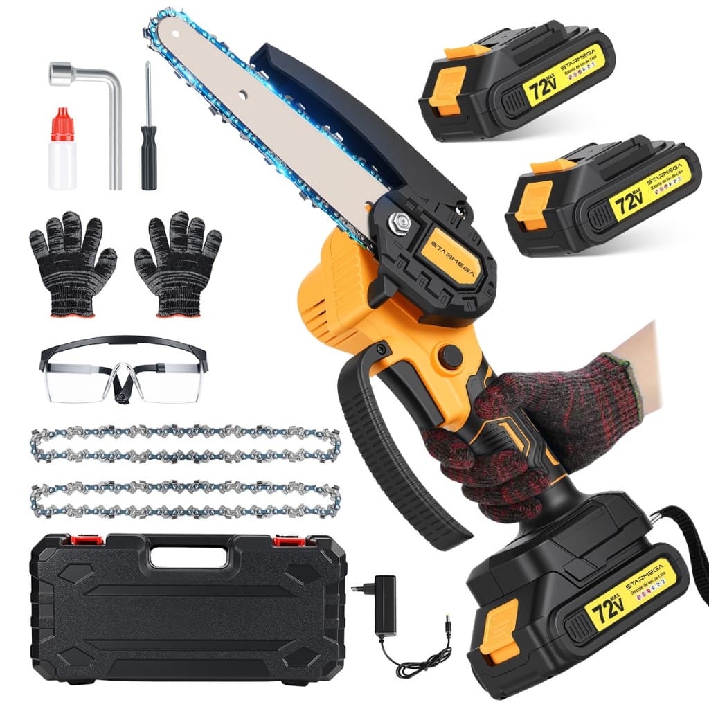 STARMEGA 6-inch+2 Cordless Batteries 72V Brushless Electric Mini Chainsaw for Pruning Wood Garden