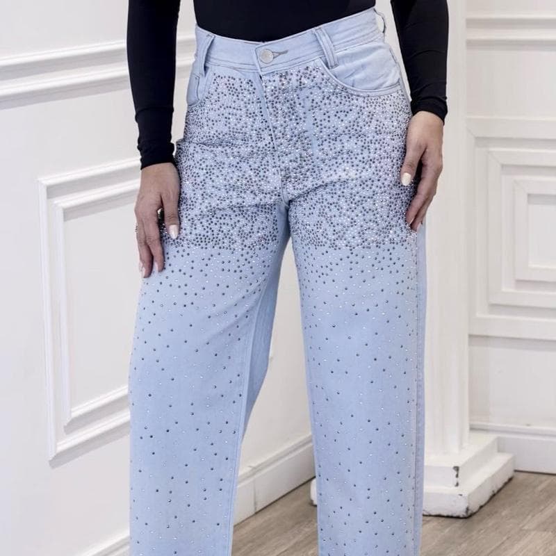 Calça Jeans Wide Leg Feminina Azul Claro com Strass Premium | Cintura Alta | Tam. 36 ao 52 Calça Jeans Wide Leg Feminina