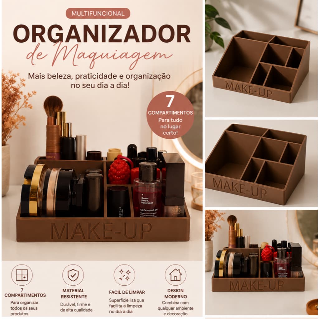 Organizador de Maquiagem com 7 Compartimentos | Porta Maquiagem | Organizador de Bancada | Mora Design
