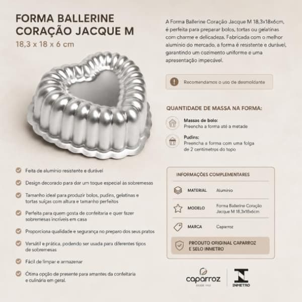 Forma Ballerine Coração Jacque M 18x6cm Bolo Brownie Pudim Caparroz Confeitaria Caseiro Venda Envio Turbo