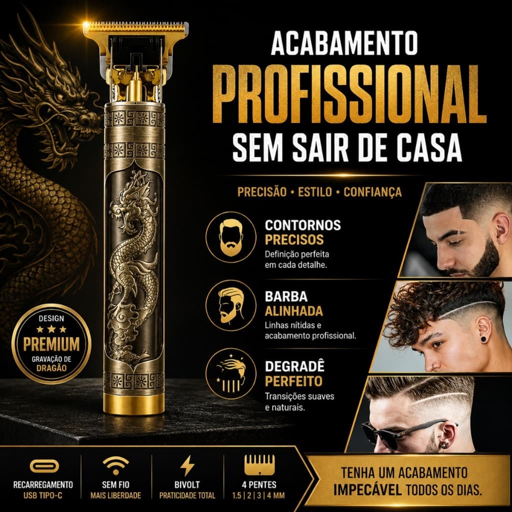 Máquina de Cortar Cabelo Dragão Sem Fio Recarregável USB Bivolt Aparador Barba Acabamento 4 Pentes