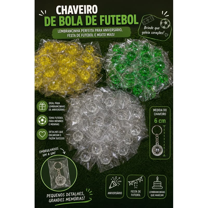 Kit  15 Chaveiro Bola de Futebol Acrílico Lembrancinha para Aniversário Festa Tema Futebol.