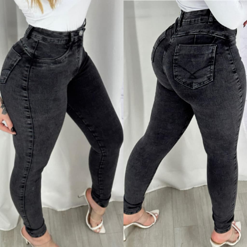 Calça Jeans Skinny Cinza Marmorizada Cintura Alta Levanta Bumbum