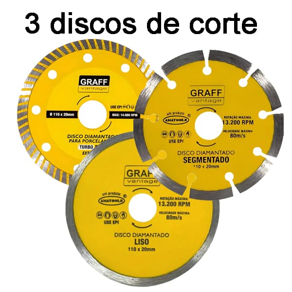 Kit 3 Discos de Corte diamantado Concreto, Piso, Pedra (contínuo, turbo e segmentado) 4" 110mm X 20mm P/ Serra