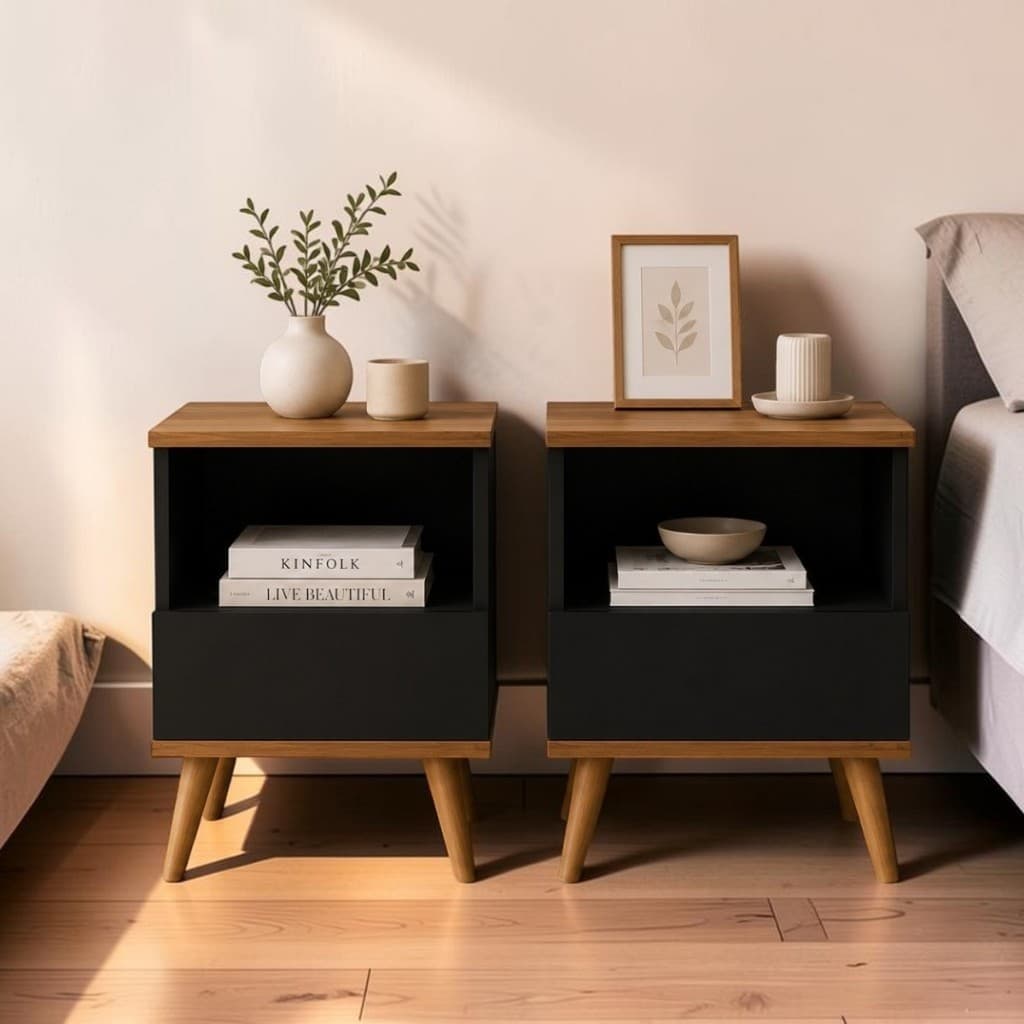 OFERTA EM DOBRO 2 Mesas De Cabeceira Pequena 1 Gaveta Retro Pés Palito Para Quarto Lateral Da Cama Multiuso