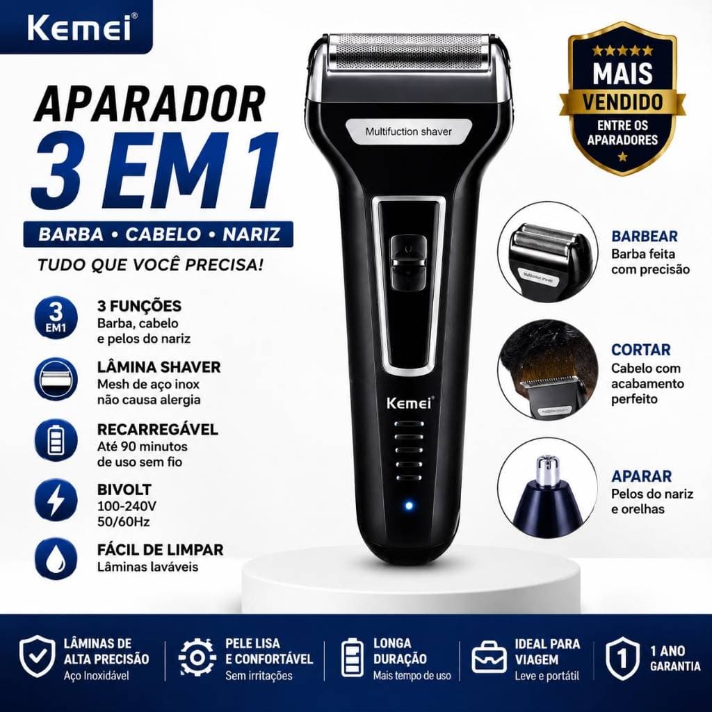 Aparador de Barba Kemei KM6558 3 em 1 Barbeador Elétrico Recarregável Bivolt l Barba, Nariz e acabamento Profissional