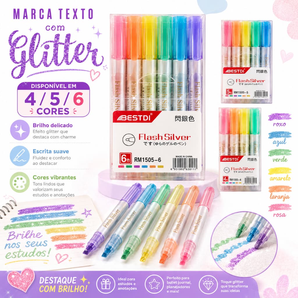 Caneta Glitter 4/6 Cores Flash Silver Gel Marcador Metálico para Bullet Journal Agenda Desenho DIY