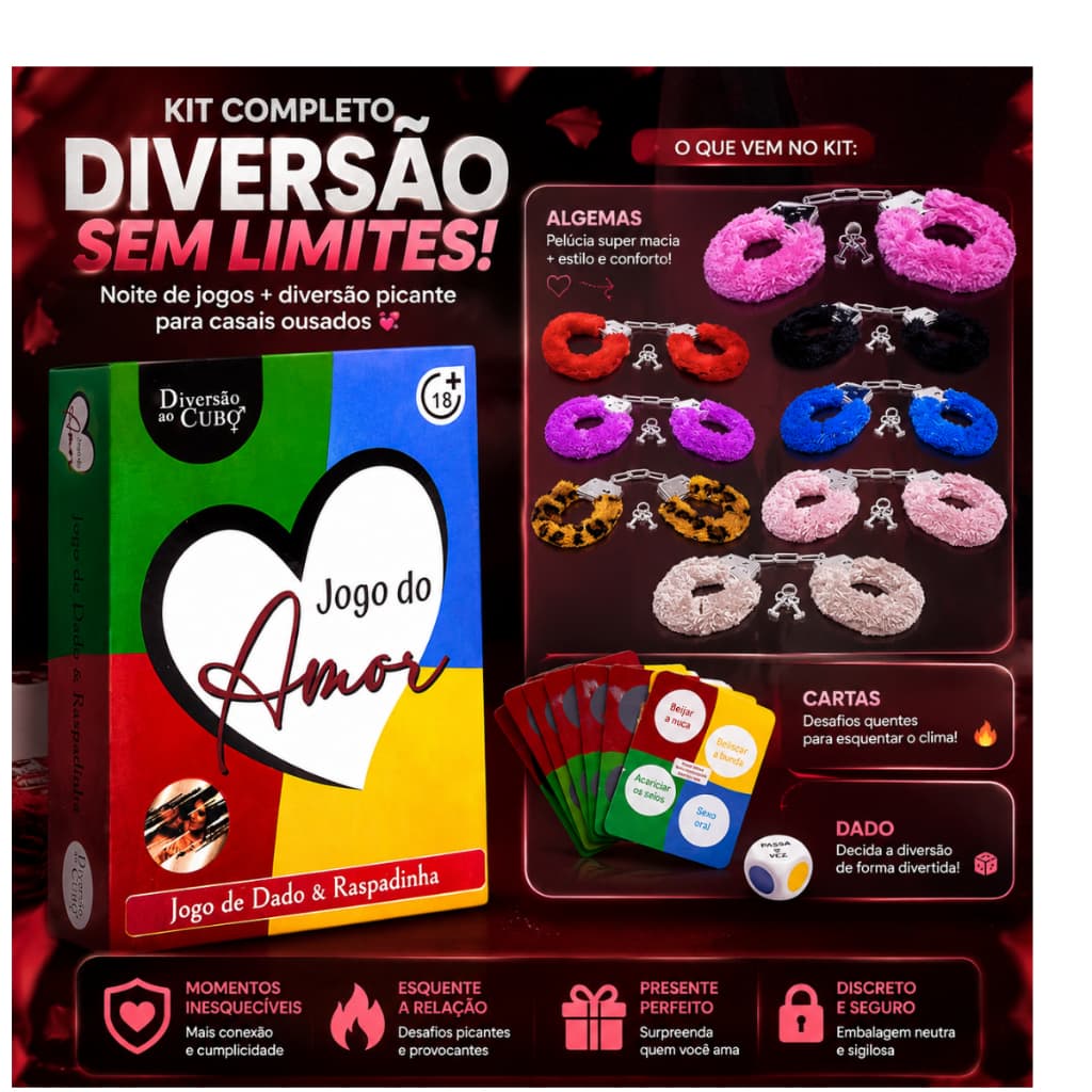 Jogo do Amor para Casais + Algemas com Pelúcia | Cartas Raspadinha, Dado e Desafios Românticos