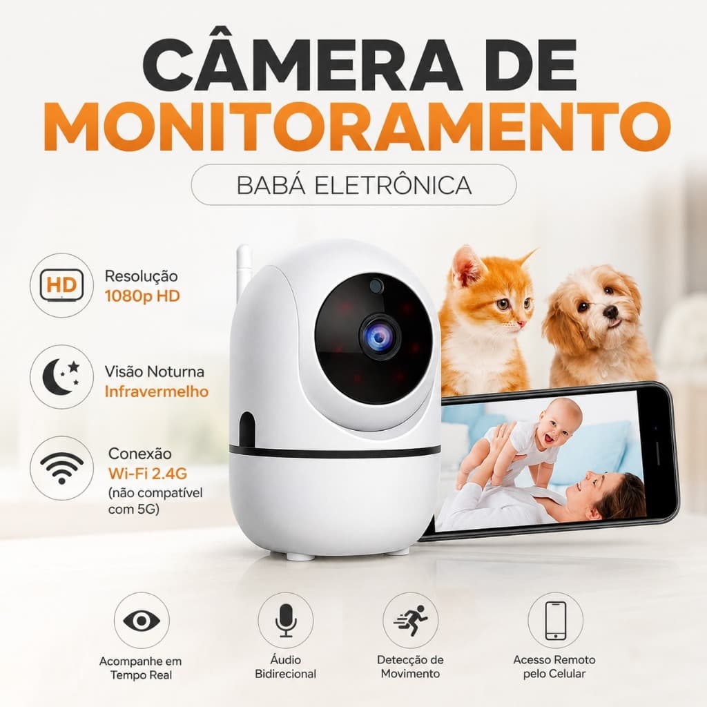 Babá Eletrônica Câmera Segurança WiFi 1080p Bebê Pet Giratória Visão Noturna Infravermelho Microfone