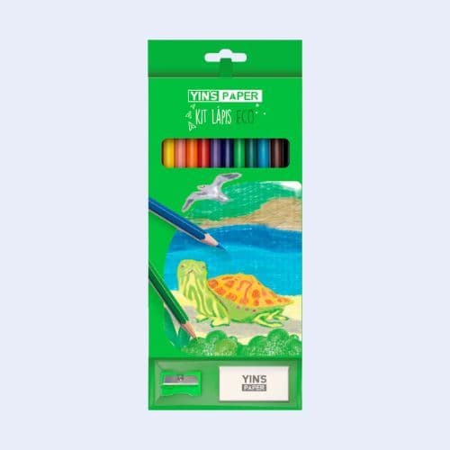 Kit Lápis de Cor Yins Paper Eco Sextavado 12 Cores + Apontador + Borracha
