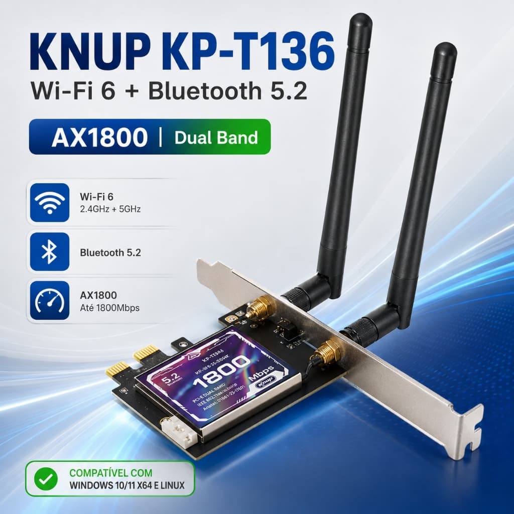 Adaptador Wi-Fi 6 PCI Express KNUP KP-T136 1800Mbps 2.4G 5GHz Bluetooth 5.2 PC