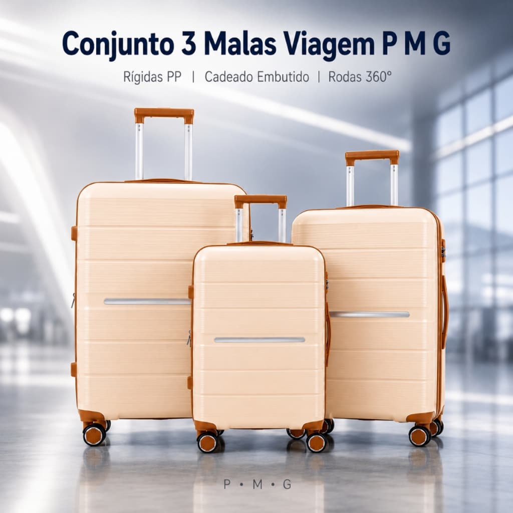 Malas de Viagem Kit 3 Peças | P M G Rodas 360° Cadeado Embutido Leve e Resistente