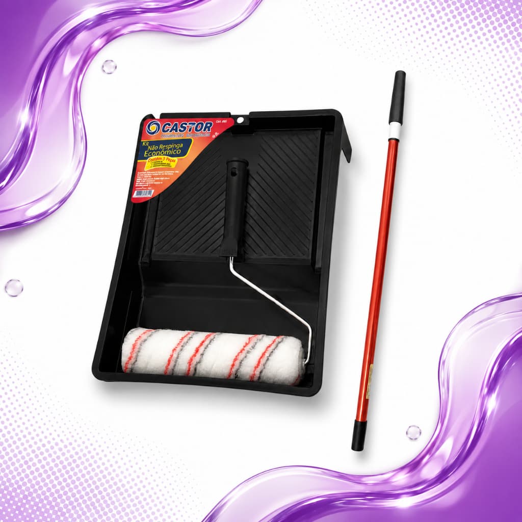 Kit Pintura Castor Rolo Não Respinga 23cm Bandeja Grande Extensor 2m para Parede Teto Látex Acrílica