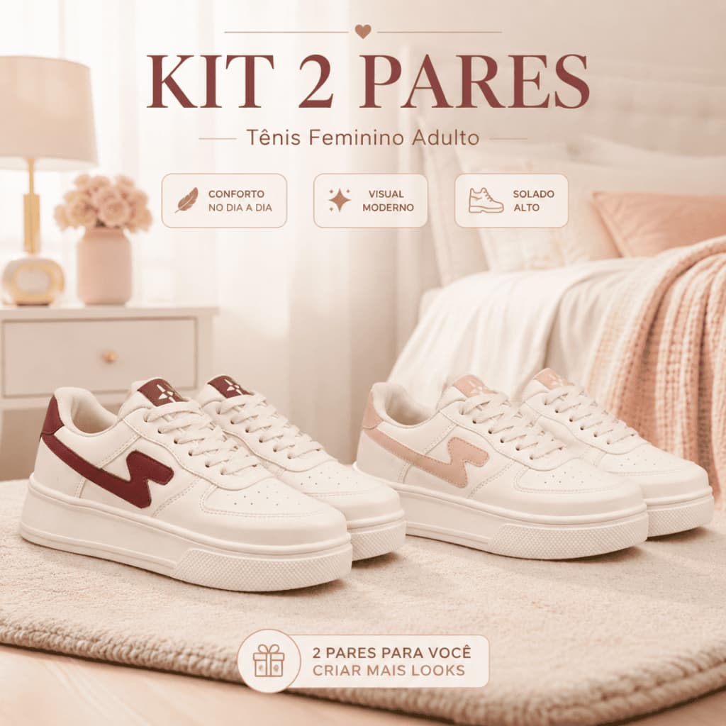Kit 2 Pares Tênis Feminino Sapatênis Casual Plataforma Original Confortável