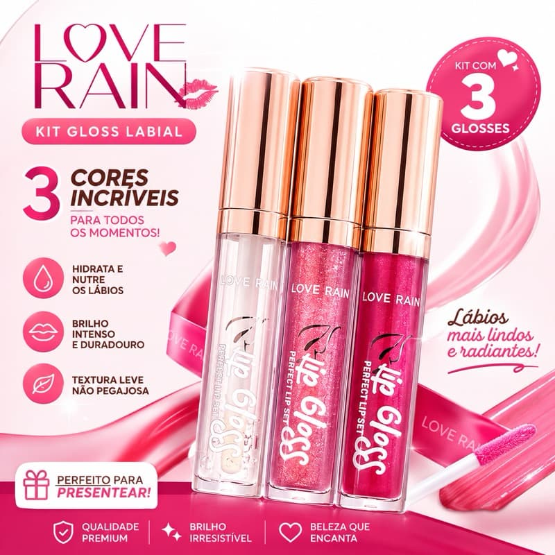 Kit Gloss Labial Love Rain com 3 Unidades | Gloss Hidratante Efeito Brilho | Lip Gloss Transparente e Rosa
