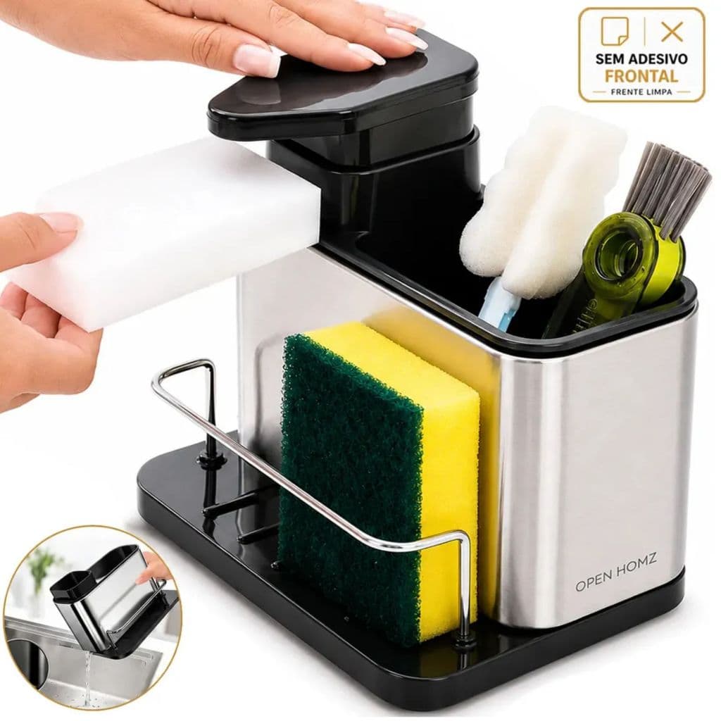 Dispenser De Detergente Para Pia De Cozinha Com Porta Esponja Bucha Em Aço Inox E Dosador De Detergente