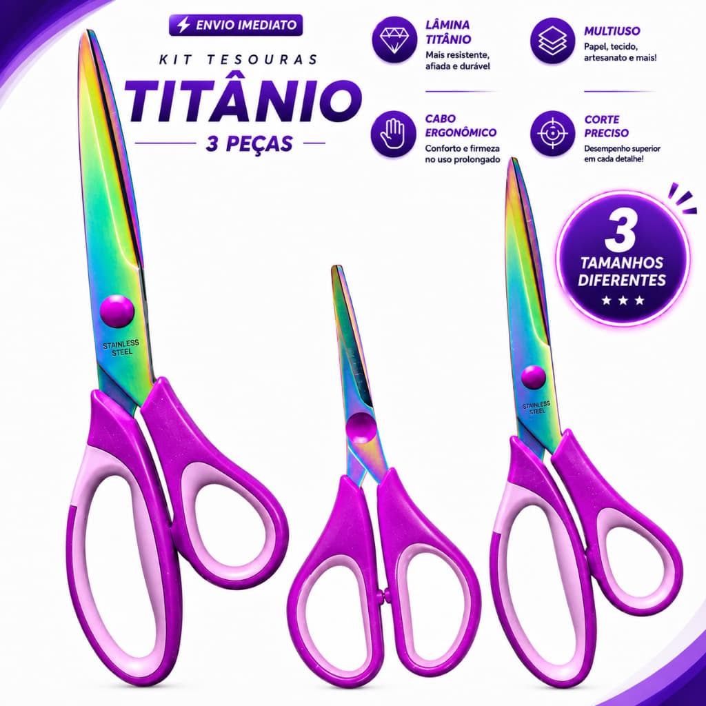 Kit Tesoura de Titânio Profissional 3 Unidades A MELHOR DO MERCADO
