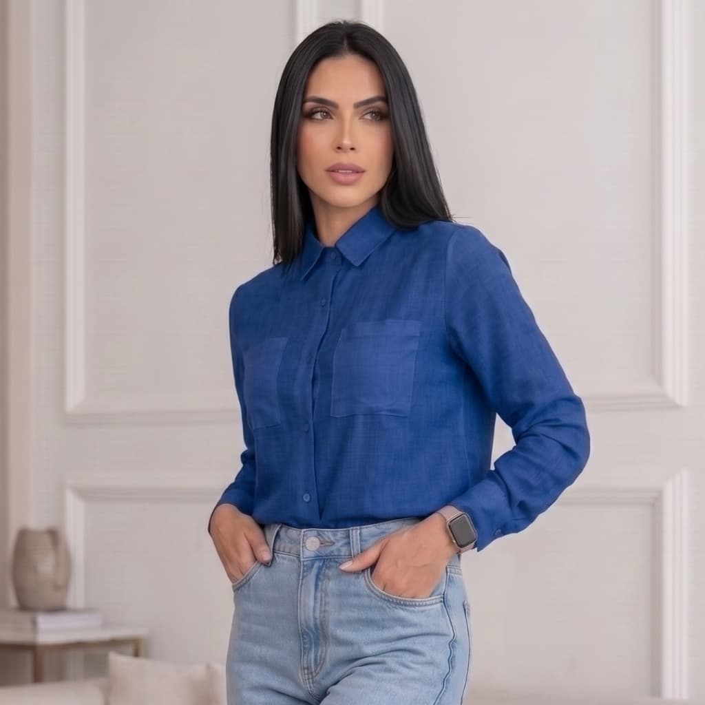 Camisa Feminina Alfaiataria Manga Longa Botão Bolso Frontal Blusa Social Casual Chic Tendência Moda Feminina