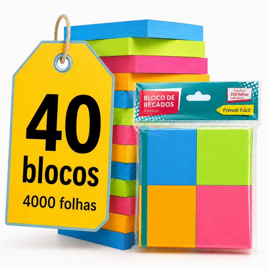 Kit 40 Bloco Adesivo Tipo Post-It Tropical 4 Cores 4000 Folhas Papelaria Material de Escritório