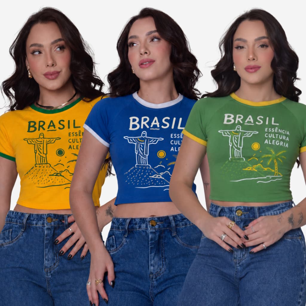 Kit 2 Camisetas Cropped Femininos Cristo Redentor Baby Look Brasil Rio de Janeiro Estampa Tropical Praia